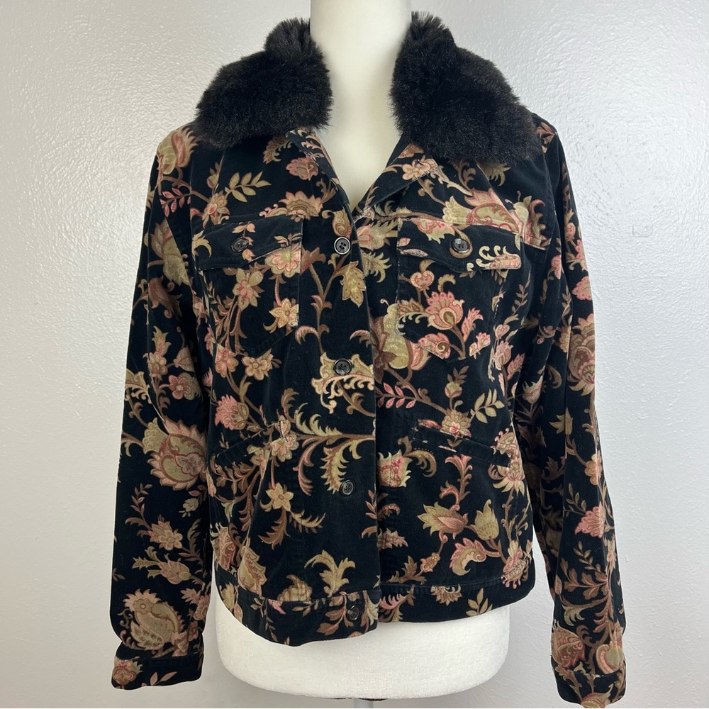 Telluride Clothing Co Floral Button Up Cotton Jacket Faux Fur Collar Pockets OS